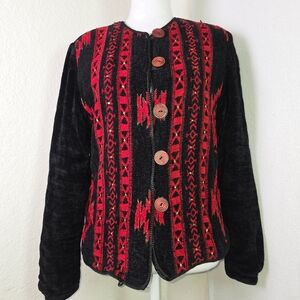 Allure Black & Red Southwest Chenille Jacket Size S – Vintage Boho Aztec Style